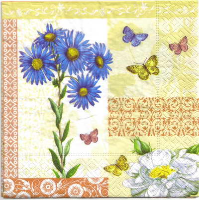 แนวภาพดอกไม้ Blue Flower กับผีเสื้อ กรอบวินเทจ เป็นภาพบล็อค 4 กระดาษแนพกิ้นสำหรับทำงาน เดคูพาจ Decoupage Paper Napkins ขนาด 33X33cm