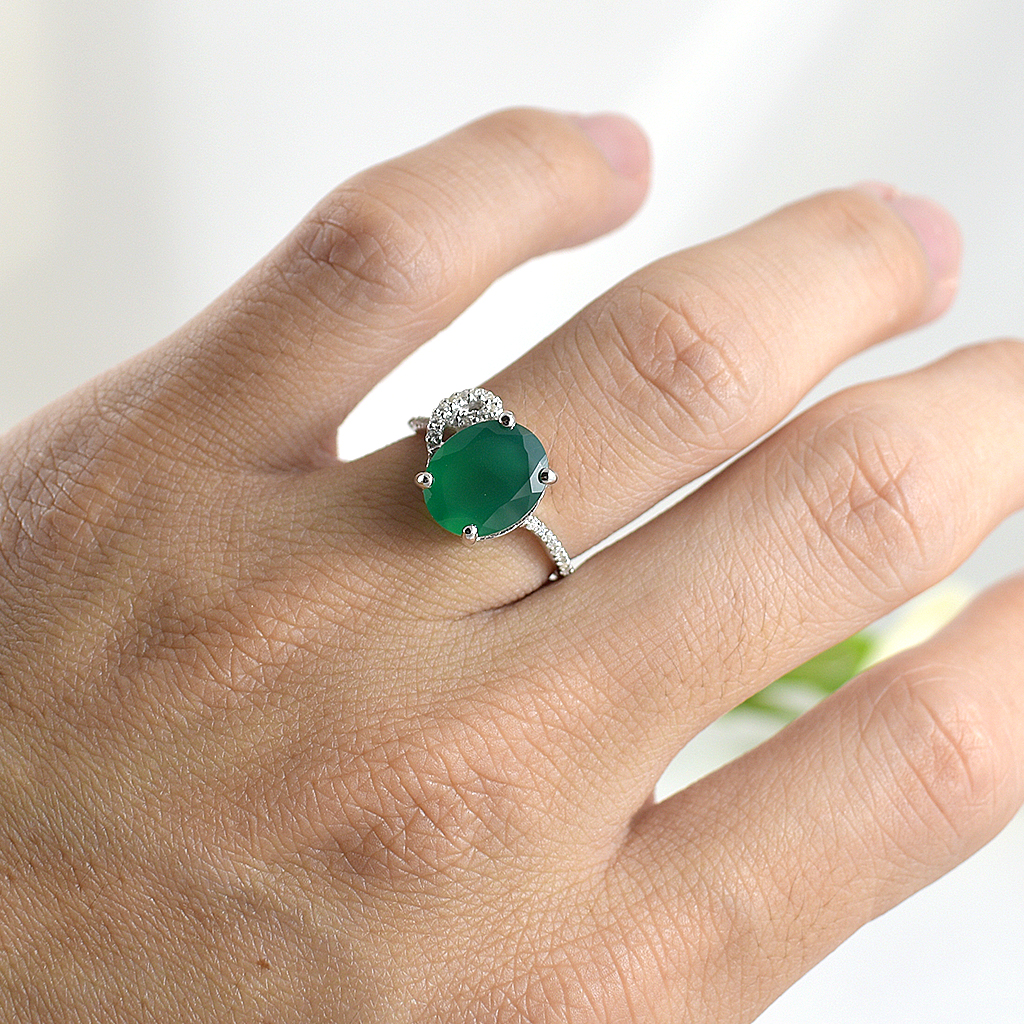 SKJewelryFactory แหวนเพลอยกรีนอะเกทแท้ เม็ดใหญ่สีเขียวสวย ER02356-GAG