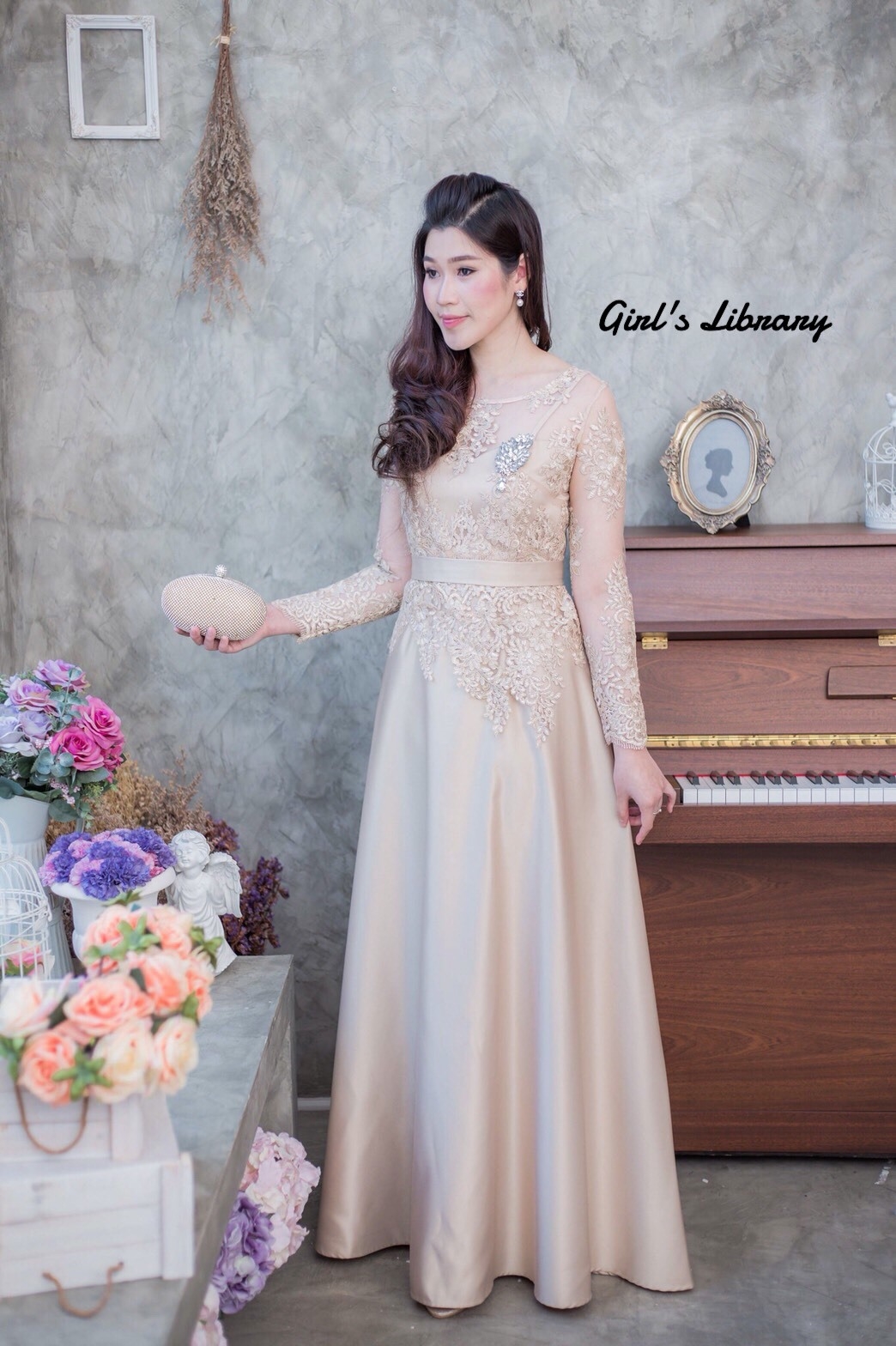 ชุดเดรสเกาหลี Maxi แขนสามส่วน พร้อมส่ง