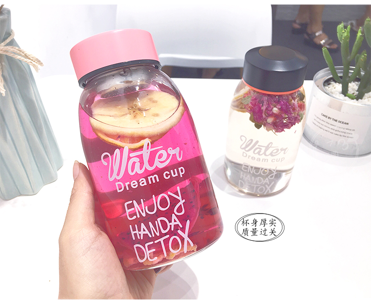 ขวดใส่น้ำ น้ำดีท็อกสุดฮิตในเกาหลี ขวดทำจากแก้ว Borosilicate รุ่นปากกว้าง + ที่กรองกาก มี 3 สี ขนาด 500 ml.