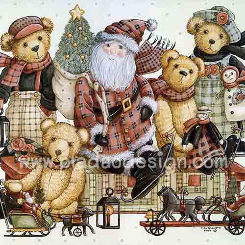 กระดาษสาพิมพ์ลาย rice paper สำหรับทำงาน handmade เดคูพาจ Decoupage แนวภาพ มวลหมู่หมี เท็ดดี้ แบร์ Teddy bear นั่งชิลชิลกับลุงแซนต้า (ปลาดาว ดีไซน์)