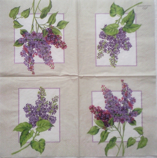 แนวภาพดอกไม้ ช่อดอกไลแลค บนกรอบเทา Lilac เป็นภาพบล็อค 4 กระดาษแนพกิ้นสำหรับทำงาน เดคูพาจ Decoupage Paper Napkins ขนาด 33X33cm