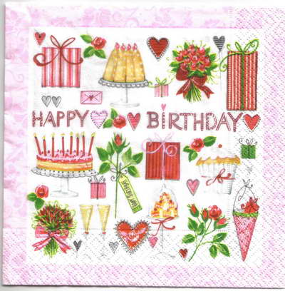 แนวภาพ Happy Birthday เค้ก ของขวัญ ดอกไม้ แชมเปญ วันเกิด เป็นภาพบล็อค 4 กระดาษแนพกิ้นสำหรับทำงาน เดคูพาจ Decoupage Paper Napkins ขนาด 33X33cm