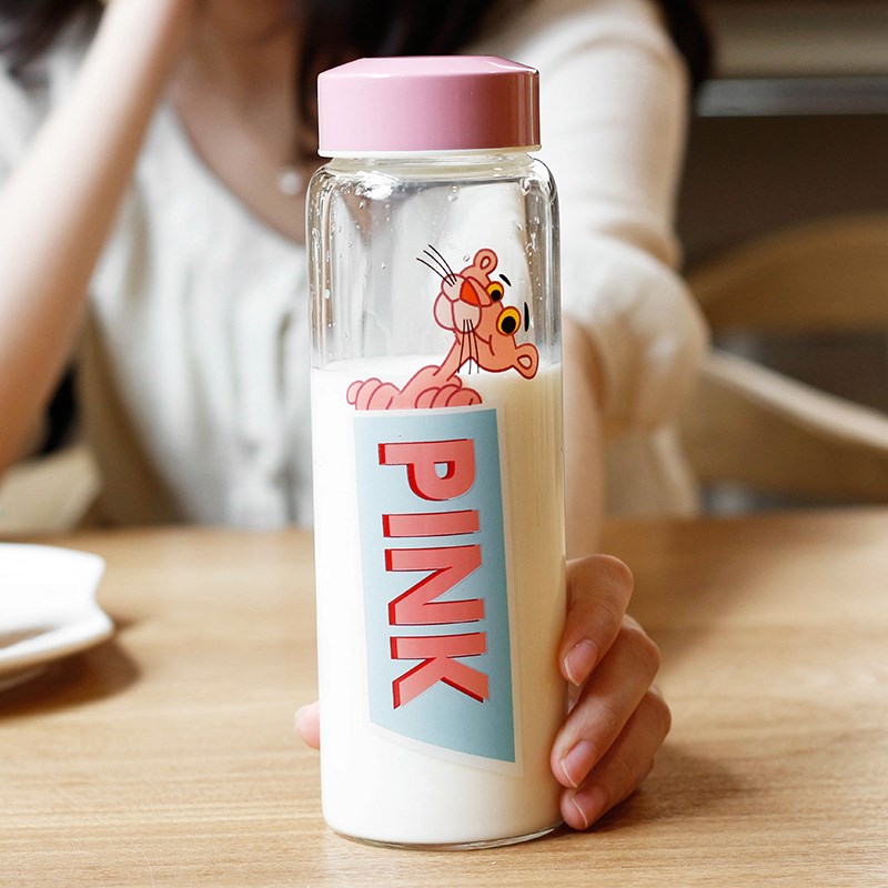 ขวดน้ำ ขวดนม Pink Panther พกพา แก้ว borosilicate ฝาปิดสนิท ขนาด 480 ml.