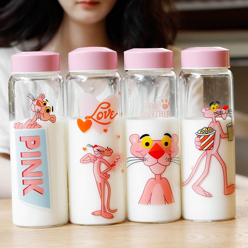 ขวดน้ำ ขวดนม Pink Panther พกพา แก้ว borosilicate ฝาปิดสนิท ขนาด 480 ml.