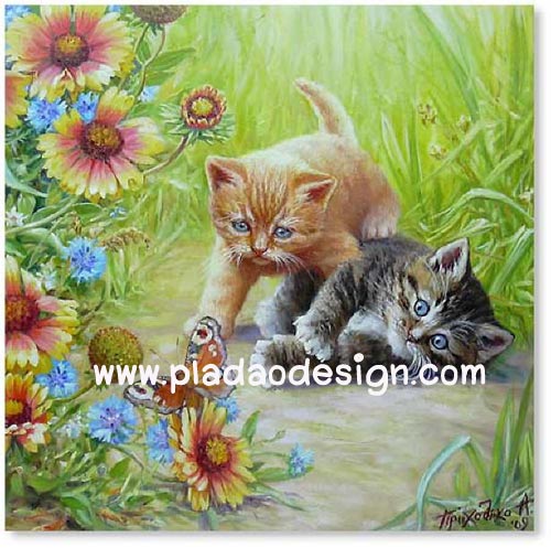 กระดาษสาพิมพ์ลาย สำหรับทำงาน เดคูพาจ Decoupage แนวภาพ แมวน้อย 2 สหาย นอนเล่นเคล้าเคลียกันอยู่ในทุ่งหญ้า