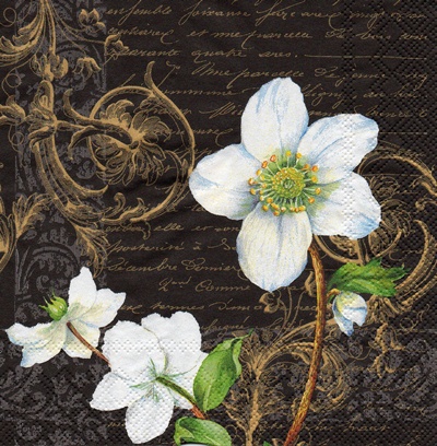 แนวภาพดอกไม้วินเทจ Christmas Rose พื้นลายทองดำ เป็นภาพบล็อค 4 กระดาษแนพกิ้นสำหรับทำงาน เดคูพาจ Decoupage Paper Napkins ขนาด 33X33cm