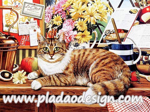กระดาษสาพิมพ์ลาย สำหรับทำงาน เดคูพาจ Decoupage แนวภาำพ แมวน้อยตัวอวบ นอนรอเจ้าของเรียนทำอาหารบนเคาเตอร์วางอุปกรณ์ทำครัว