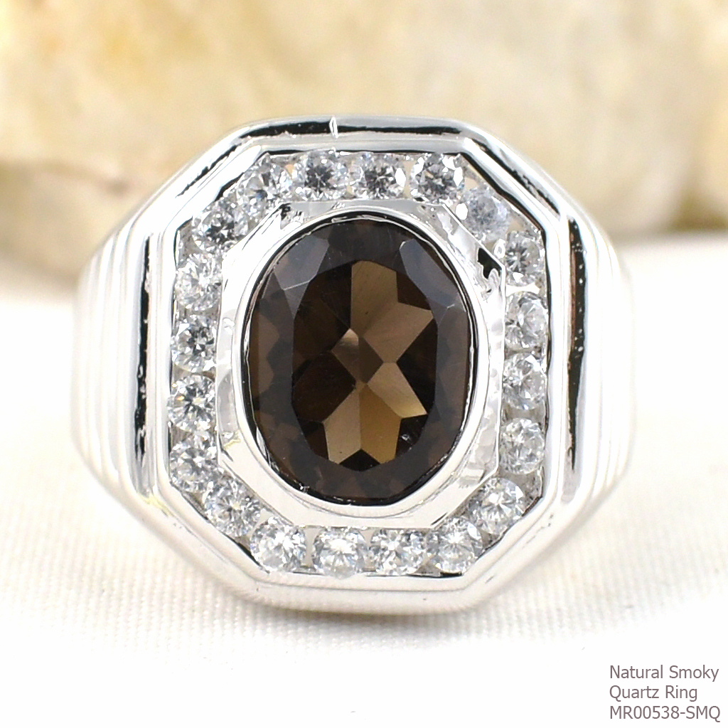 SKJewelryFactory แหวนชาย พลอยสโมกกี้ควอทซ์แท้ สีพลอยจะออกโทนดำ MR00538-SMQ