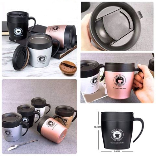 แก้วกาแฟ สแตนเลส มีที่จับ พร้อมช้อน เก็บอุณหภูมิ ร้อน-เย็น