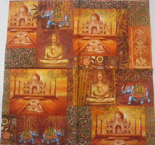 แนวภาพเอเซียน Buddha India ทัชมาฮาล ภาพโทนสีส้ม เป็นภาพแนวยาว กระดาษแนพกิ้นสำหรับทำงาน เดคูพาจ Decoupage Paper Napkins ขนาด 33X33cm