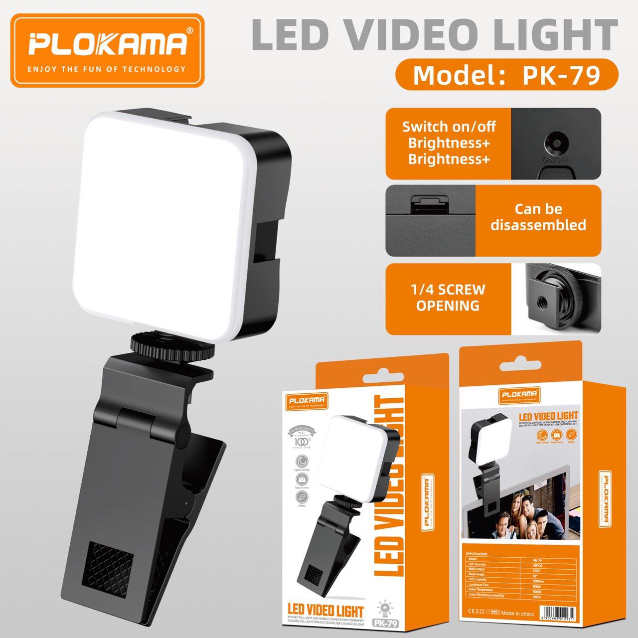 ไฟเซลฟี่พกพาได้ Plokama PK-79 Led Video Light หนีบมือถือ คอมพิวเตอร์ กล้อง