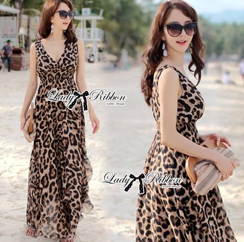 พร้อมส่ง เดรสยาวผ้าชีฟองลายเสือ ชุดเดรสเกาหลี