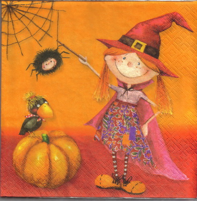 แนวภาพเทศกาล Helloween ฮาโลวีน แม่มดน้อย การ์ตูน เป็นภาพครึ่งแผ่น กระดาษแนพกิ้นสำหรับทำงาน เดคูพาจ Decoupage Paper Napkins ขนาด 33X33cm