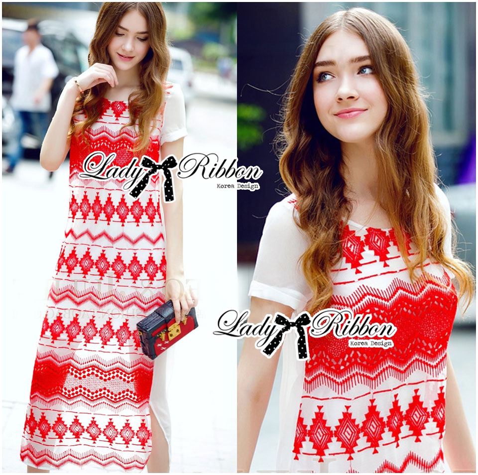 พร้อมส่ง เดรสแขนสั้นผ้าซิลค์ชีฟองปักลายชนเผ่าสีแดง