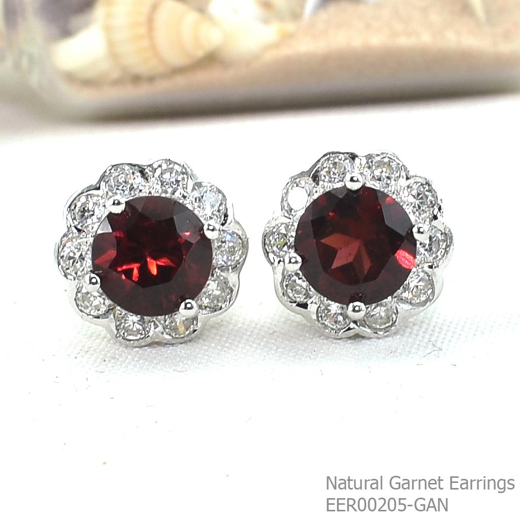 SKJewelryFactory EER00205-GAN ต่างหูพลอยแท้ ต่างหูพลอยโกเมนแท้ล้อมเพชร ต่างหูเงินแท้