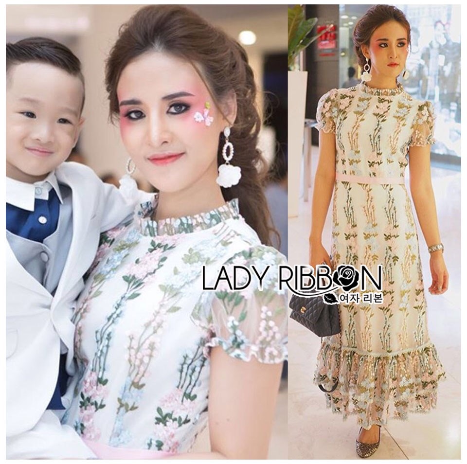 เดรสลูกไม้ พร้อมส่ง เดรสยาวผ้าลูกไม้ ปักลายดอกไม้