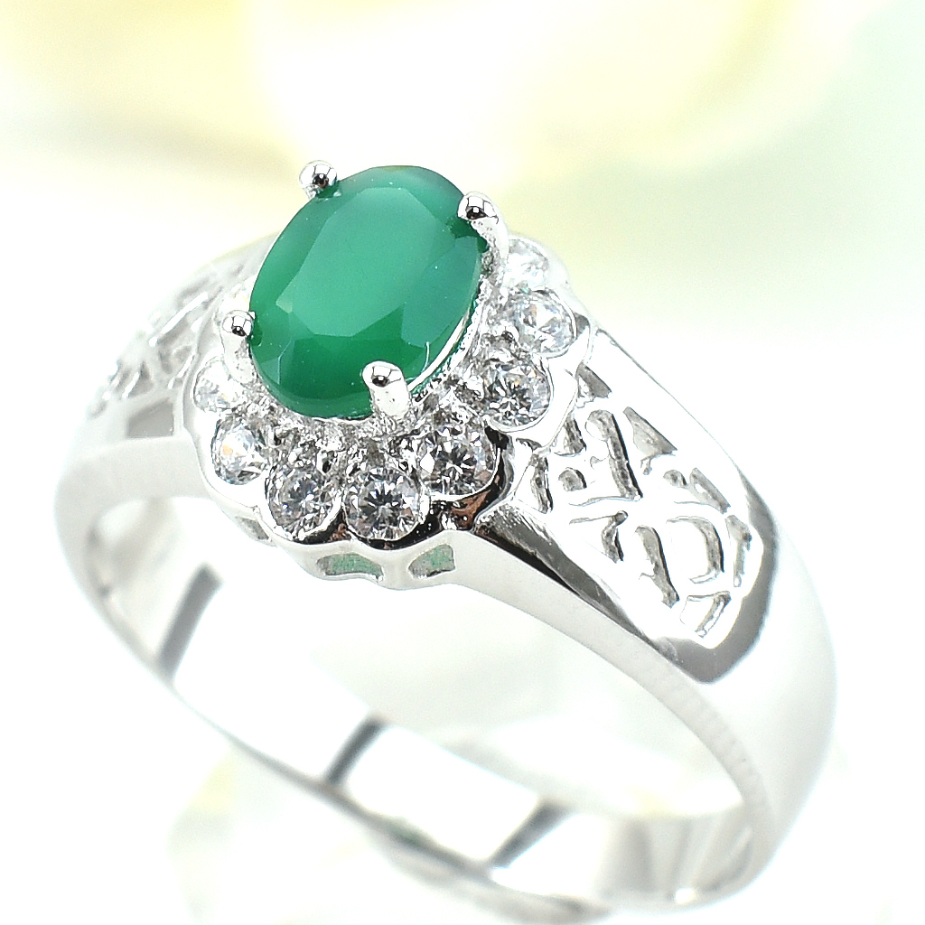 SKJewelryFactory แหวนเงินแท้ 92.5% ฝังพลอยกรีนอะเกทแท้ล้อมเพชร ER01878-GAG