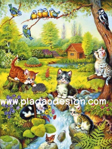 กระดาษสาพิมพ์ลาย สำหรับทำงาน เดคูพาจ Decoupage แนวภาพ แมวน้อยขนฟู5 ตัว นั่งเล่นรับลมชมวิวกับนก 8 ตัว ริมลำธาร