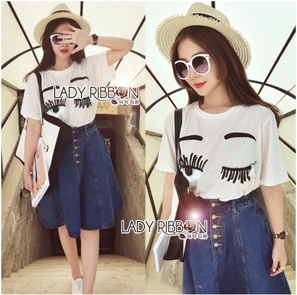 พร้อมส่ง เซ็ตเสื้อยืดสีขาวประดับตกแต่งลายดวงตา