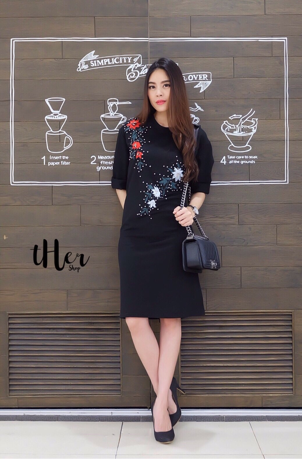 เดรสเกาหลี พร้อมส่ง เดรสแขนยาว คอกลม ผ้ายืดเนื้อนิ่ม