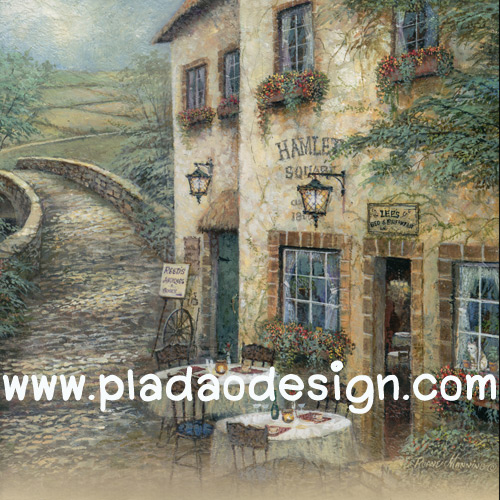 กระดาษสาพิมพ์ลาย สำหรับทำงาน เดคูพาจ Decoupage แนวภาำพ ภาพวาด Restaurant Cafe ร้านอาหาร ร้านกาแฟ วิวสวยตั้งอยู่ปลายทางลงเขา มีโต๊ะกาแฟตั้งอยุ่หน้าร้าน สวยคลาสสิค ภาพสีซอฟต์ๆ (ปลาดาวดีไซน์)