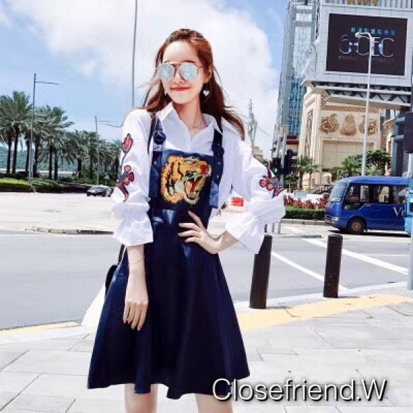 เสื้อผ้าเกาหลี พร้อมส่ง เสื้อเชิ้ตกับเอี๊ยมกระโปรง