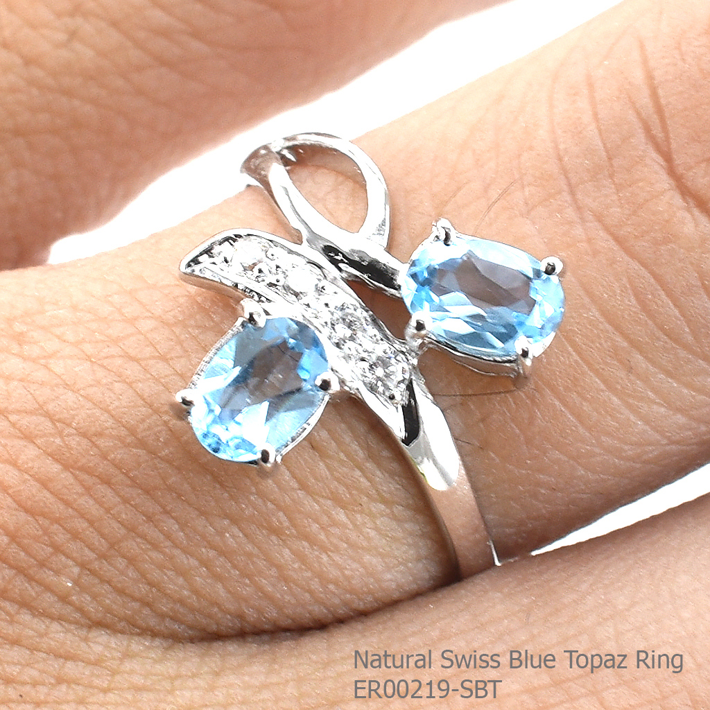 SKJewelryFactory แหวนเงินพลอยสวิสบลูโทปาซแท้ สไตล์แหวนพลอยคู่ ER00219-SBT