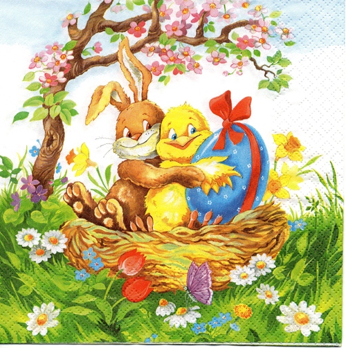 แนวภาพเทศกาล Easter Bunny กระต่ายกอด ไก่ กับไข่ เป็นภาพบล็อค 4 กระดาษแนพกิ้นสำหรับทำงาน เดคูพาจ Decoupage Paper Napkins ขนาด 33X33cm