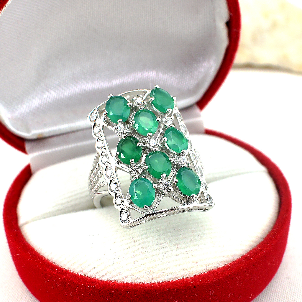 SKJewelryFactory แหวนหน้าสี่เหลี่ยม พลอยกรีนอะเกทแท้ เหมาะใส่นิ้วกลางหรือนิ้วนาง ER00841-GAG