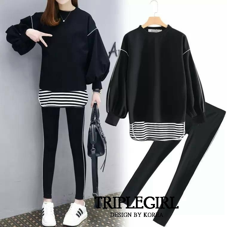 เสื้อผ้าเกาหลี พร้อมส่ง Set 2 ชิ้นเสื้อแขนยาว + กางเกงขายาว