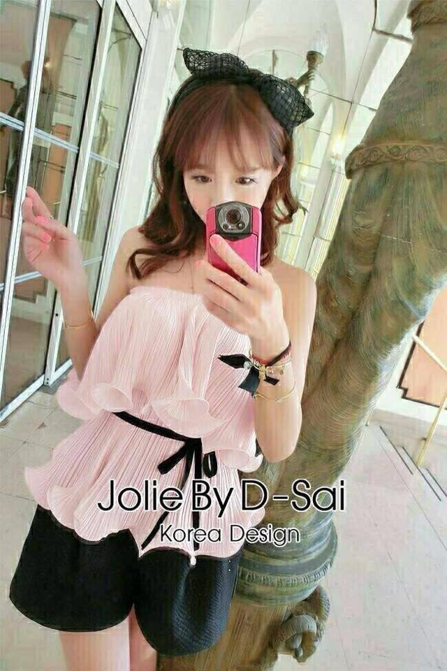 พร้อมส่ง เกาะอก เนื้อผ้าชิฟฟ่อนอัดพลีทรอบตัว