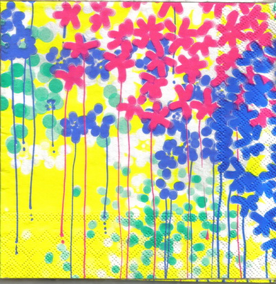 แนวภาพดอกไม้ ดอกไม้สีสด บนพื้นเหลือง Pop Art เป็นภาพครึ่งแผ่น กระดาษแนพกิ้นสำหรับทำงาน เดคูพาจ Decoupage Paper Napkins ขนาด 33X33cm