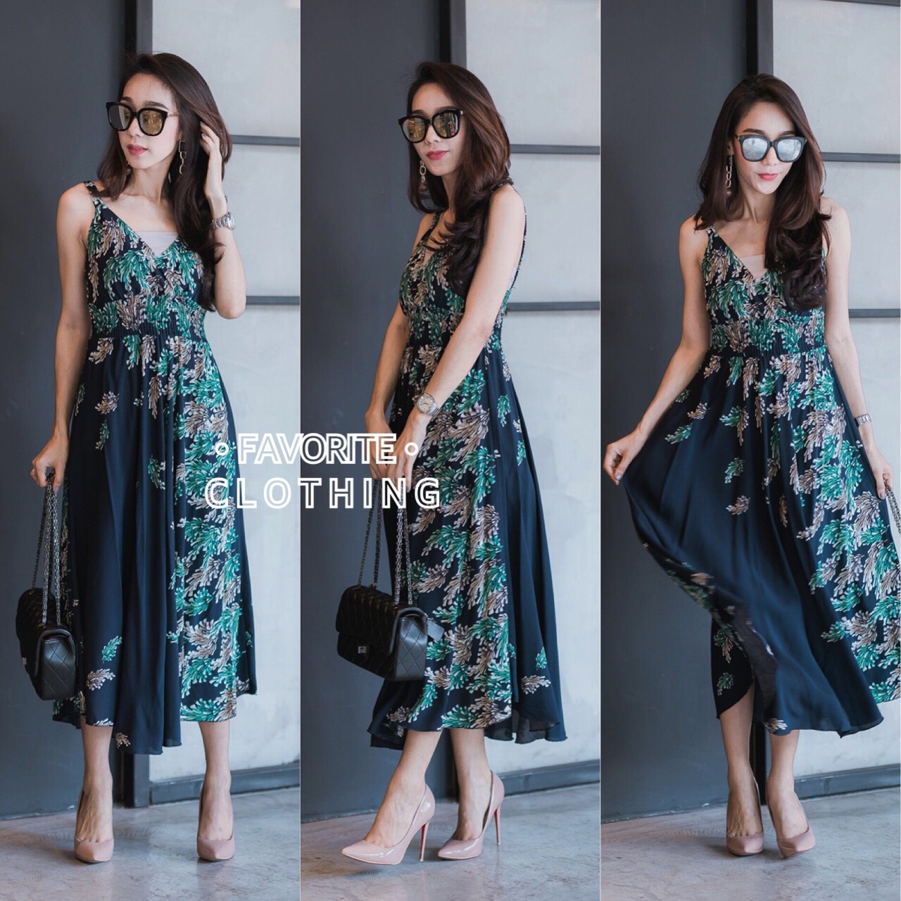 เดรสเกาหลี พร้อมส่ง เดรสสายเดี่ยว กระโปรงบานพริ้ว หลังสม็อค