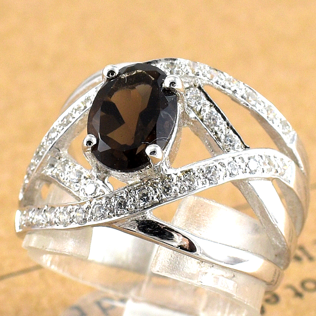 SKJewelryFactory แหวนพลอยสโมกกี้ควอทซ์แท้ พลอยสีน้ำตาลอมดำ แบบแหวนเก่ๆ ER00879-SMQ