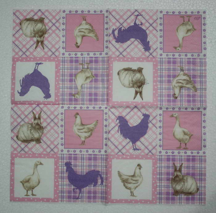 แนวภาพสัตว์ ไก่กระต่ายเป็ดในกรอบลายแต่ง เป็นภาพ 4 บล๊อค ภาพโทนสีชมพู กระดาษแนพกิ้นสำหรับทำงาน เดคูพาจ Decoupage Paper Napkins ขนาด 33X33cm