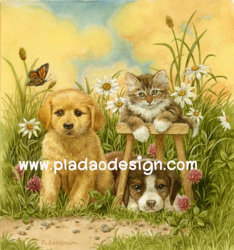 กระดาษสาพิมพ์ลาย สำหรับทำงาน เดคูพาจ Decoupage แนวภาพ 2 หมา 1 แมว ทำหน้านิ่งถ่ายรูปในดงหญ้า