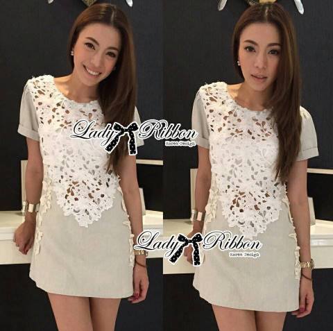 พร้อมส่ง มินิเดรสแขนสั้นตกแต่งผ้าลูกไม้