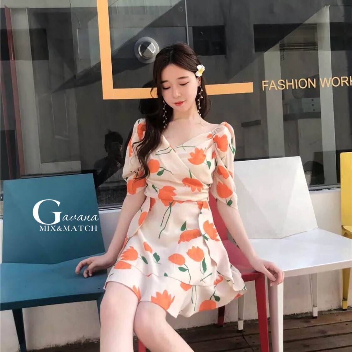 เดรสเกาหลี พร้อมส่ง มินิเดรส ลายดอกทิวลิปส้มๆ