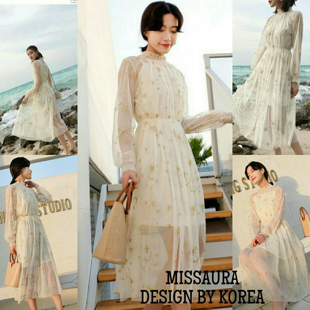 ชุดเดรสเกาหลี พร้อมส่ง เดรสกระโปรง ผ้าตาข่ายปักดิ้นทอง