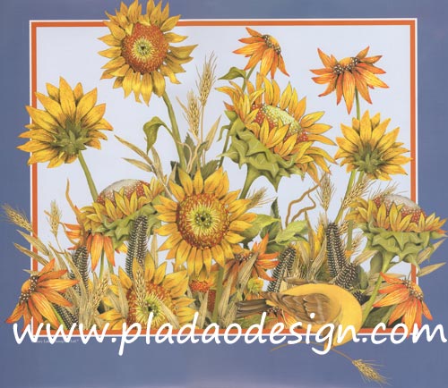 กระดาษสาพิมพ์ลาย สำหรับทำงาน เดคูพาจ Decoupage แนวภาำพ ภาพวาด ทุ่งดอกทานตะวันสีเหลือง กรอบสีน้ำเงิน สวยคลาสสิค (ปลาดาวดีไซน์)