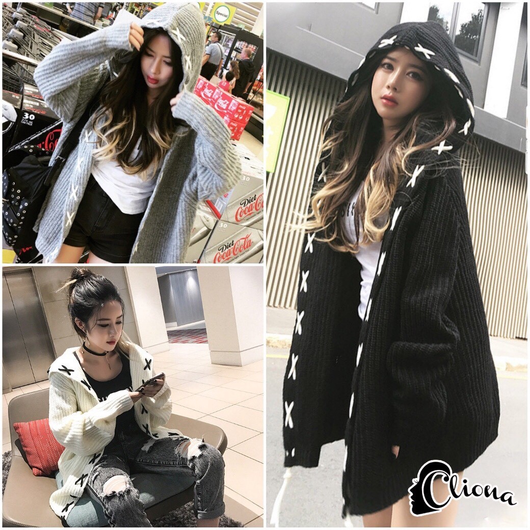 เสื้อเกาหลี พร้อมส่ง เสื้อไหมพรมตัวยาวมีฮู้ด