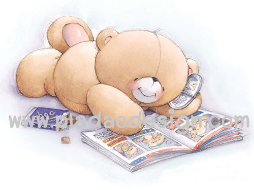 กระดาษสาพิมพ์ลาย สำหรับทำงาน เดคูพาจ Decoupage แนวภาำพ ภาพวาด ภาพแนวการ์ตูน น้องหมี ฮอลล์มาร์ค Hallmarks bear น้องหมีนอนคุยโทรศัพท์ไป อ่านการ์ตูนเรื่องหมีๆไป อย่างมีความสุข (ปลาดาวดีไซน์)