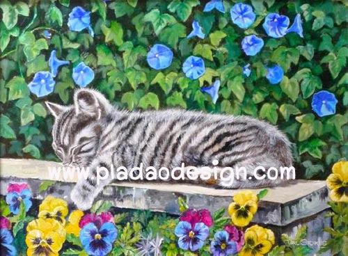 กระดาษสาพิมพ์ลาย สำหรับทำงาน เดคูพาจ Decoupage แนวภาพ แมวน้อยขนเทาลายก้างปลา นอนหลับบนเก้าอี้ยาวทำจากไม้