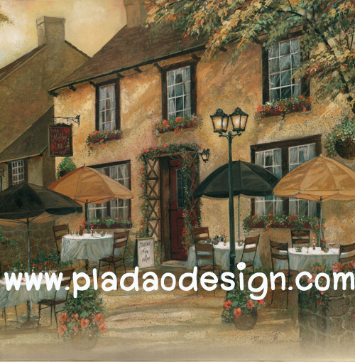 กระดาษสาพิมพ์ลาย สำหรับทำงาน เดคูพาจ Decoupage แนวภาำพ ภาพวาด Cafe ร้านกาแฟตั้งอยู่มุมด้านนอกข้างตึกยุโรปตะวันออก อย่างสวยคลาสสิค ภาพสีซอฟต์ๆ (ปลาดาวดีไซน์)