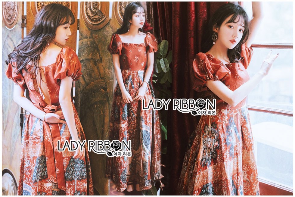 ชุดเดรสแฟชั่น พร้อมส่ง เดรสยาว สีแอมเบอร์ พิมพ์ลาย