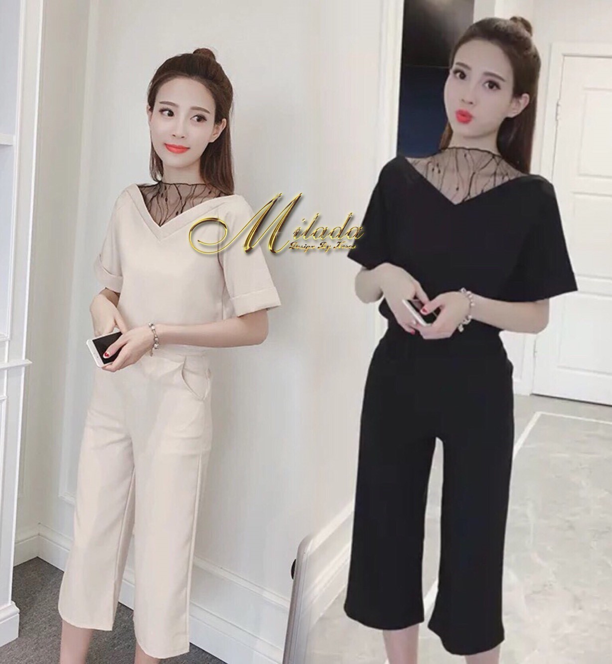 เสื้อผ้าเกาหลี พร้อมส่ง เสื้อคอกว้าง +กางเกงขายาว 9 ส่วน