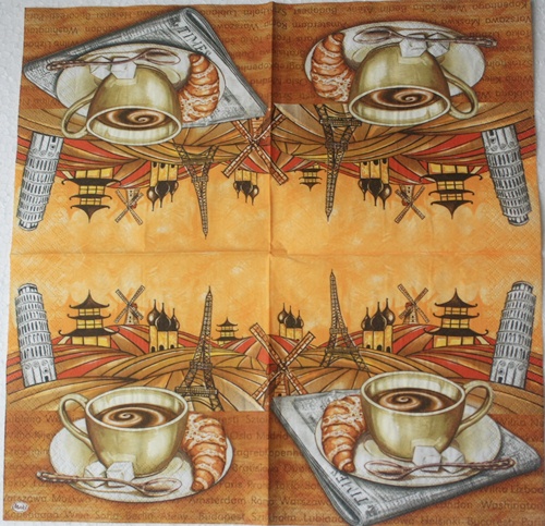 แนวภาพกาแฟ Coffee กาแฟกับครัวซองต์ กับทิวทรรศน์ เป็นภาพบล็อค 4 กระดาษแนพกิ้นสำหรับทำงาน เดคูพาจ Decoupage Paper Napkins ขนาด 33X33cm