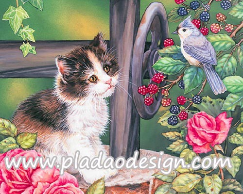 กระดาษสาพิมพ์ลาย สำหรับทำงาน เดคูพาจ Decoupage แนวภาำพ ลูกแมวขนยาว นั่งมองนกน้อยที่อยุ่บนต้นราสเบอร์รี่