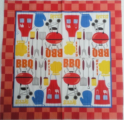 แนวภาพ Lifestyle การ์ตูน อุปกรณ์ทำบาร์บีคิว BBQ เป็นภาพบล็อค 4 กระดาษแนพกิ้นสำหรับทำงาน เดคูพาจ Decoupage Paper Napkins ขนาด 33X33cm